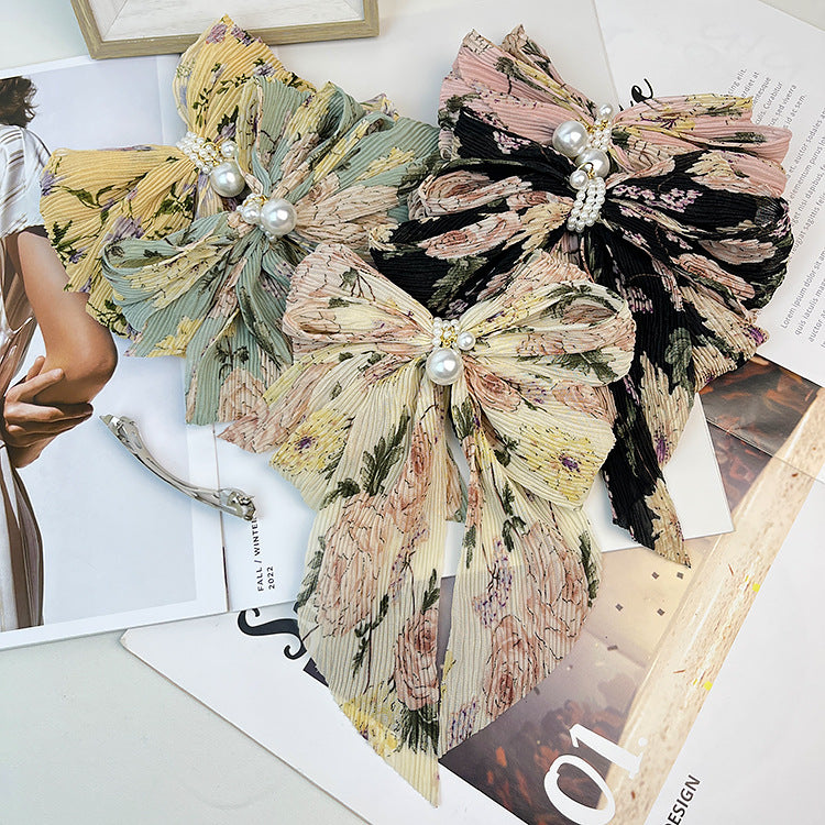 Wholesale Chiffon Pearl Floral Spring Clip Back of Head Top Clip